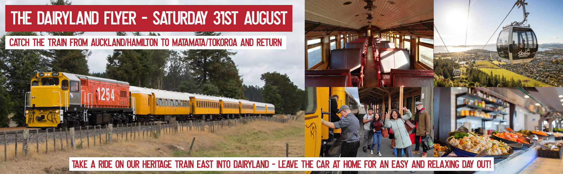 All aboard to explore the East Waikato by train! Experience a Skyline Gondola ride and buffet lunch with a view in Rotorua, or just a family day out aboard this special heritage train journey from Waiuku/Glenbrook/Hamilton.
